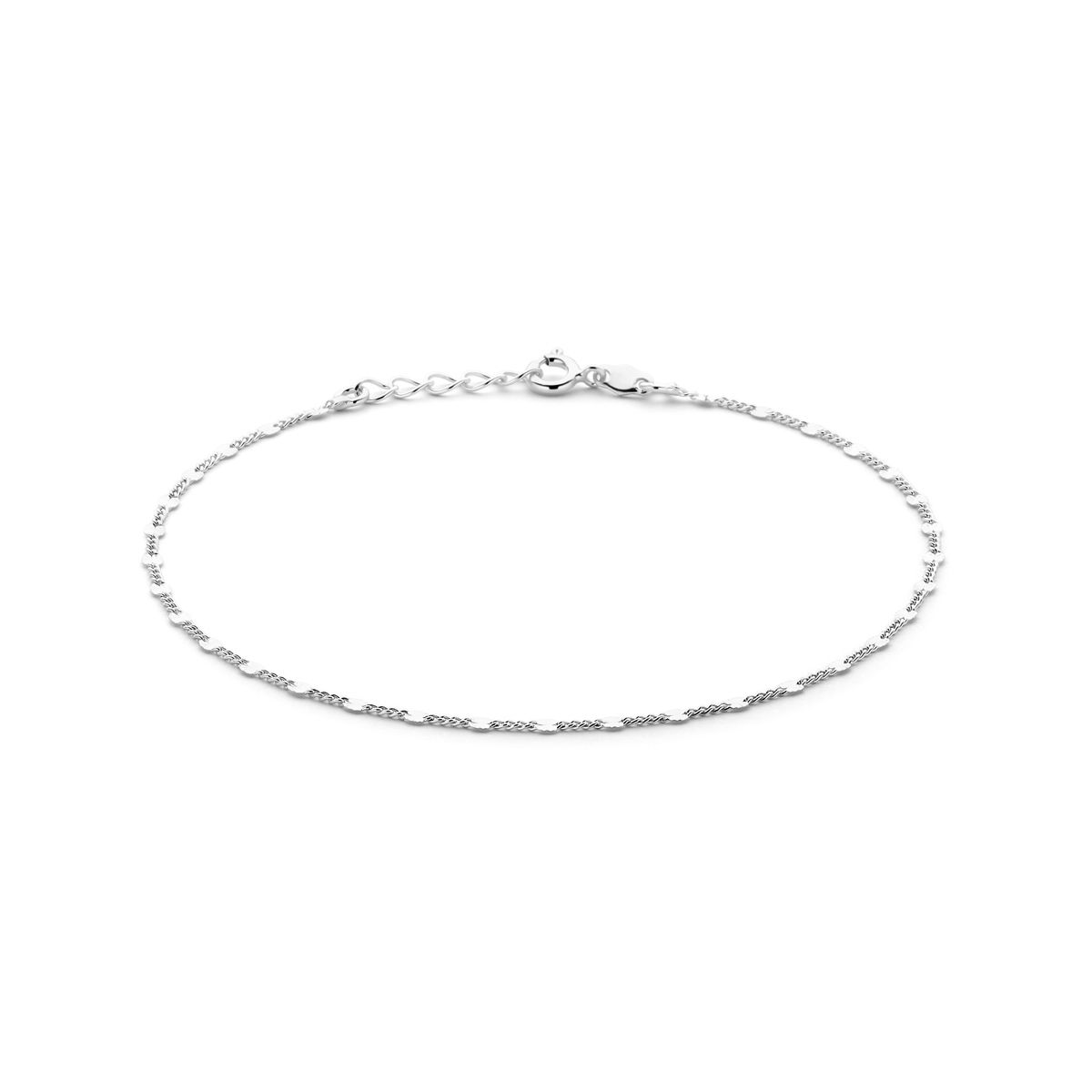 Stijlvol gerhodineerd zilveren enkelbandje met een draaglengte van 24cm en een extensie van 2cm. De schakelbreedte is 2.3mm. Info: Gerhodineerd zilver is door de rhodiumlaag beter bestand tegen verkleuren en krassen.