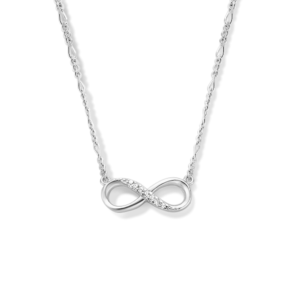 Gerhodineerd 925 zilveren figaro collier met een infinity hanger. Het collier heeft een draaglengte van 41cm en een extensie van 4cm. De schakelbreedte is 1.6mm.