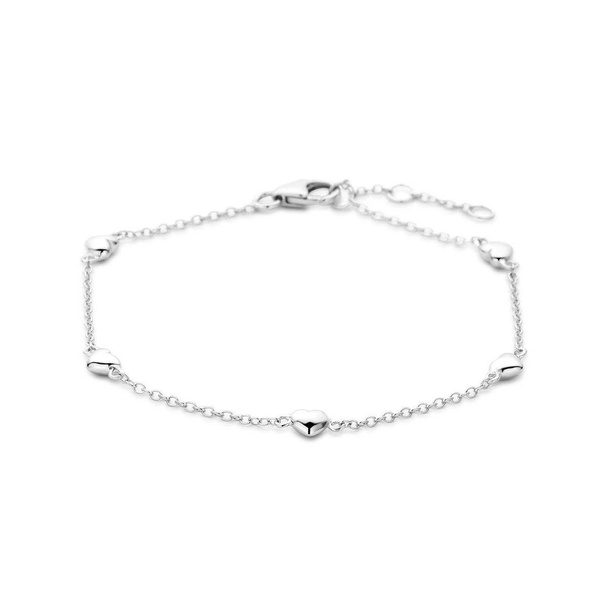 Gerhodineerd 925 zilveren armband met hartjes. De armband heeft draaglengtes van 16.5-17.5-18.5cm en een schakelbreedte van 1.2mm. Uitgevoerd met een karabijnsluiting.