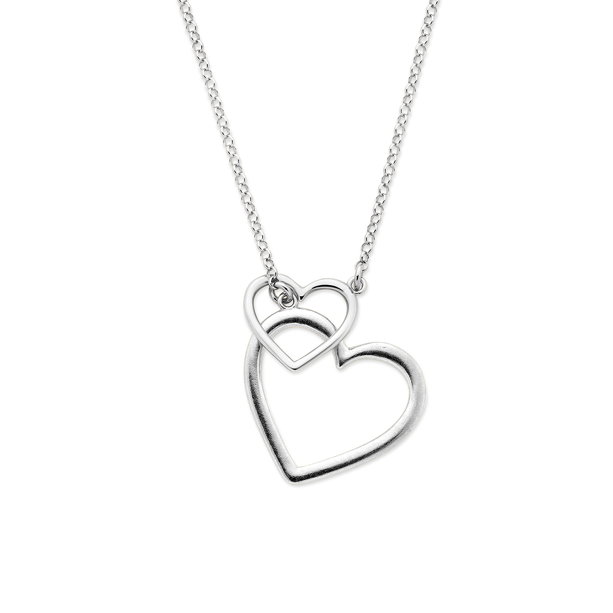 Gerhodineerd 925 zilveren collier uitgevoerd met twee hartjes. Het collier heeft een lengte van 45cm en een schakelbreedte van 2mm.
