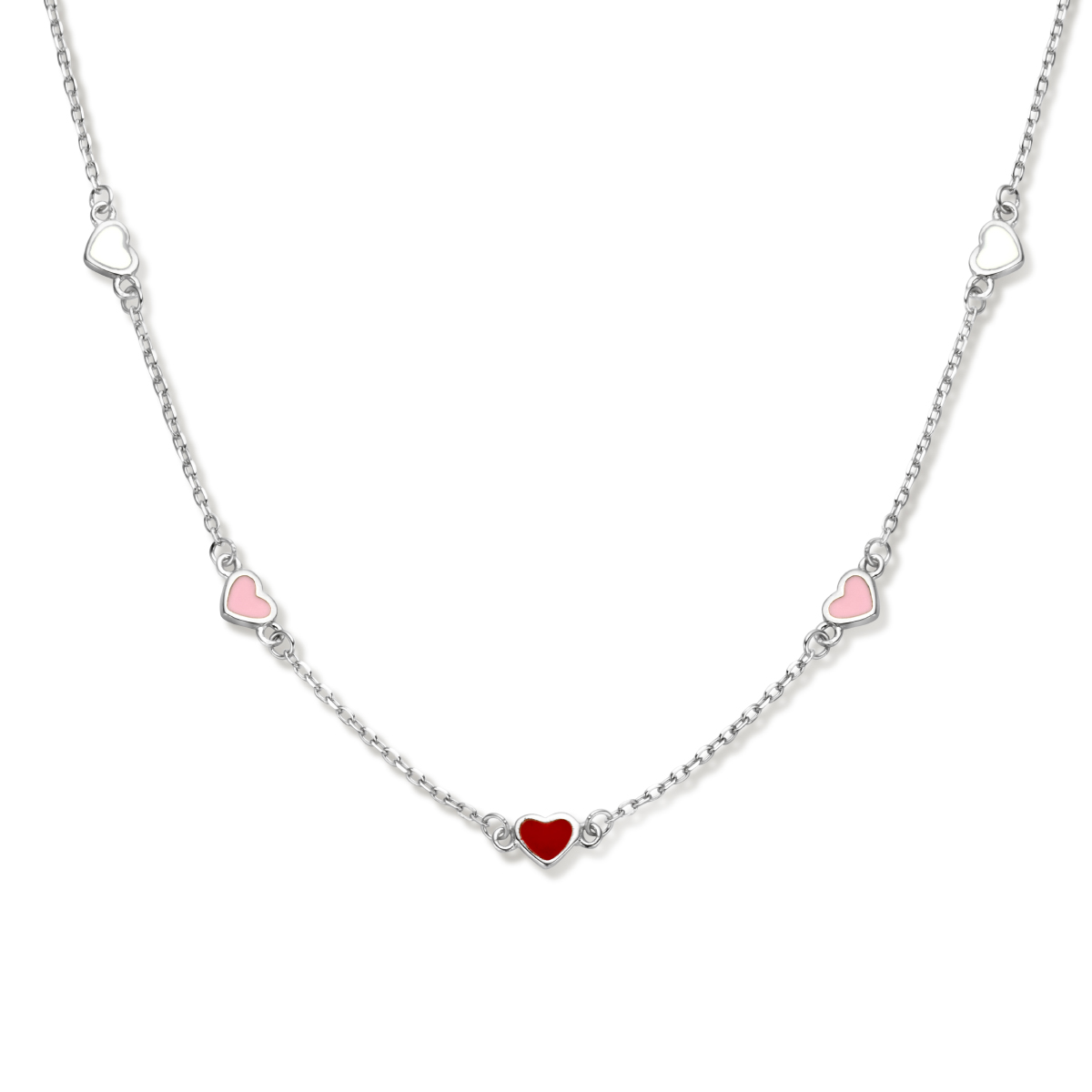 Gerhodineerd 925 zilveren collier met gekleurde hartjes hangers van 4x5mm. Het collier heeft een draaglengte van 41cm en een extensie van 3cm. De schakelbreedte is 1.2mm. Uitgevoerd met een karabijn sluiting.