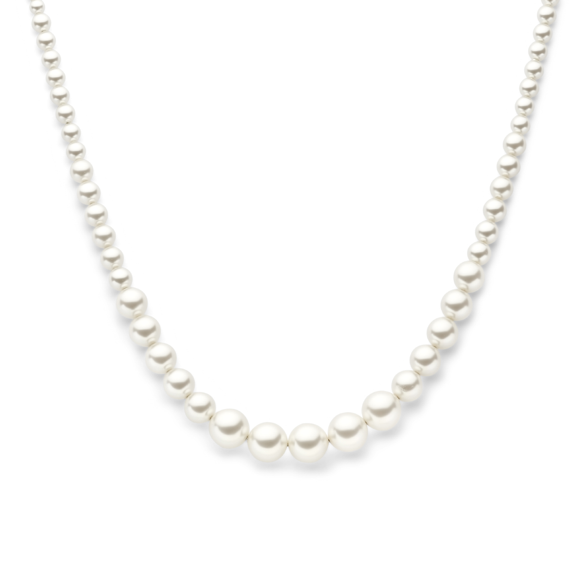 Gerhodineerd 925 zilveren collier uitgevoerd met synthetische parels van 4 tot 10mm. Het collier heeft een draaglengte van 41cm en een extensie van 4cm. Uitgevoerd met een karabijn sluiting.