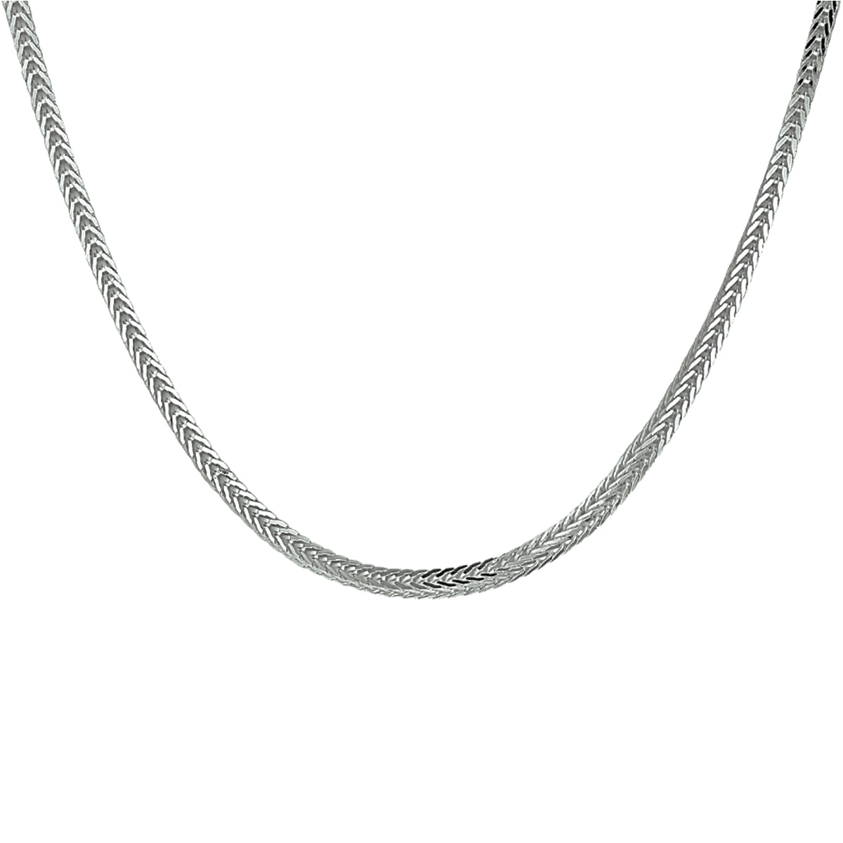 Gerhodineerd 925 zilveren lengte artikel met een vossestaart schakel. Het lengte artikel heeft een schakelbreedte van 2.5mm. Uitgevoerd met een karabijn sluiting.