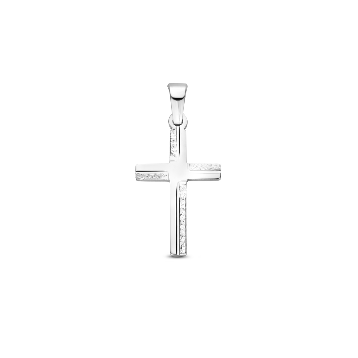 Gerhodineerd 925 zilveren hanger in de vorm van een kruis. De hanger heeft een totale hoogte van 25mm en een afmeting van 20x12mm.