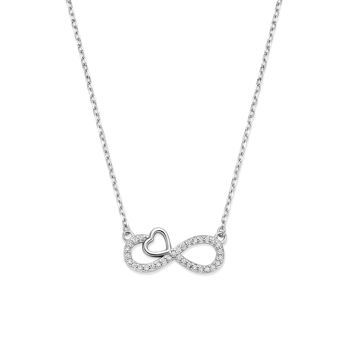 Gerhodineerd 925 zilveren collier uitgevoerd met infinity, hartje en zirkonia. Het collier heeft draaglengtes van 41-43-45cm.