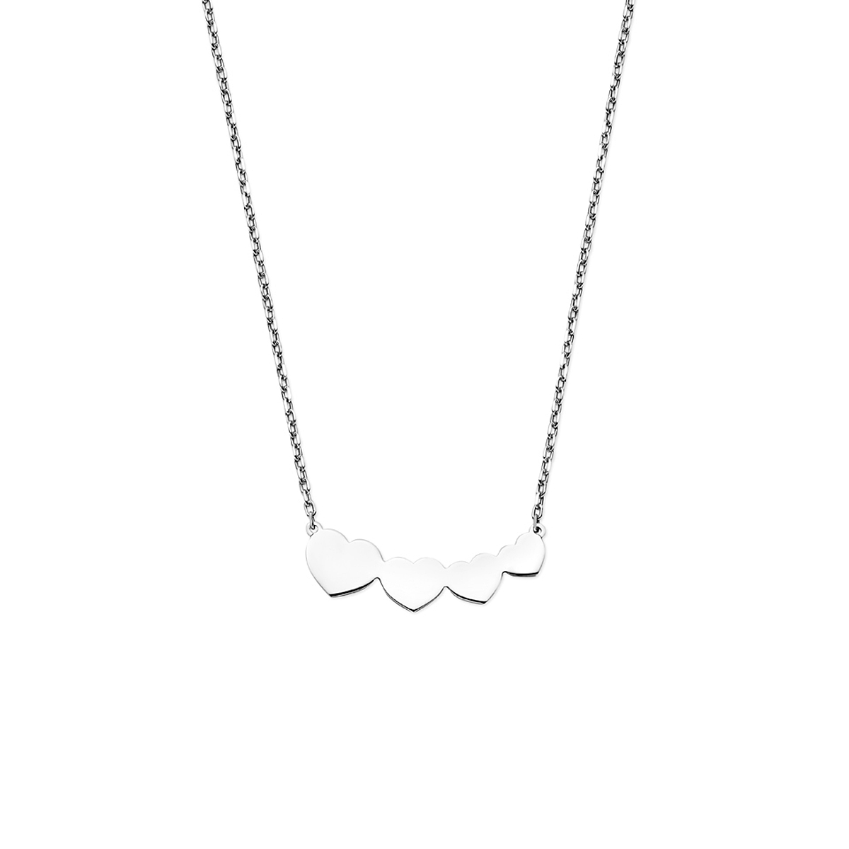Gerhodineerd 925 zilveren collier uitgevoerd met hartjes. Het collier heeft een draaglengte van 40cm met 4cm extensie. Uitgevoerd met karabijnsluiting.