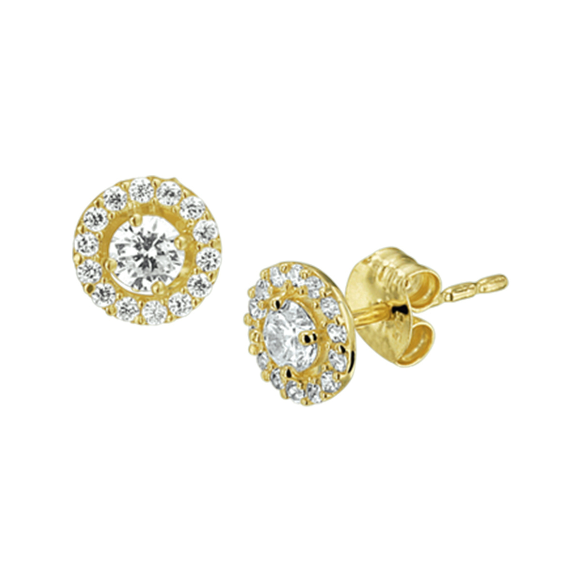 Geelgouden oorknoppen met een diameter van 6mm uitgevoerd met een briljant geslepen zirkonia van 3mm omringd door briljant geslepen zirkonia. De oorknoppen zijn ook verkrijgbaar met synthetische saffier- smaragd en robijn.