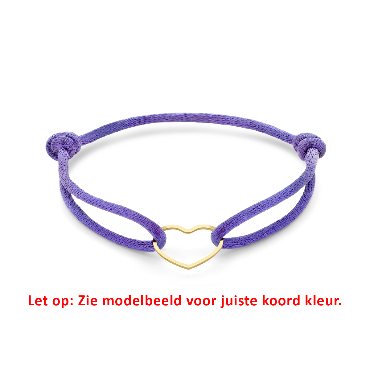 Paars gevlochten armband uitgevoerd met verguld op 925 zilveren hartje. De armband heeft draaglengtes van 13 tot 26cm en het hartje heeft een afmeting van 12.5x15.5mm. Geen garantie op plating.