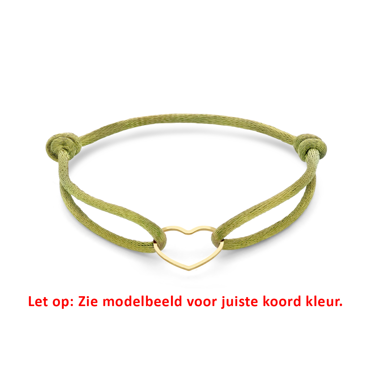 Mosgroen gevlochten armband uitgevoerd met verguld op 925 zilveren hartje. De armband heeft draaglengtes van 13 tot 26cm en het hartje heeft een afmeting van 12.5x15.5mm. Geen garantie op plating.
