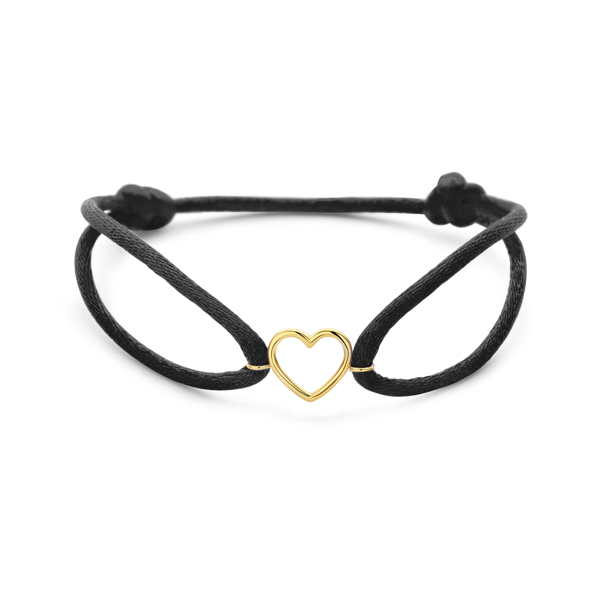 Zwart satijn armband uitgevoerd met een 14k geelgouden hartje met een afmeting van 10.5x12mm. De armband heeft draaglengtes van 13 tot 26cm.
