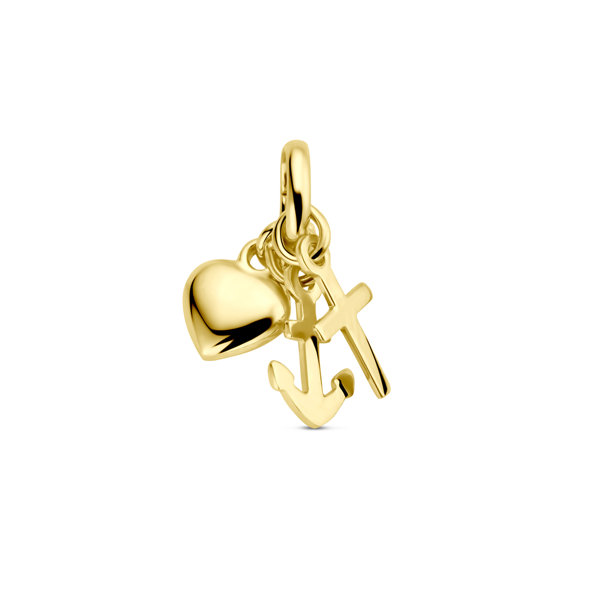 9k Geelkleurige geloof, hoop en liefde hanger. De totale hoogte is 15mm. Het hart heeft een afmeting van 5x5,5 mm, het kruis heeft een afmeting van 8,5x5 mm en het anker een afmeting van 8,5x5,5 mm.
Ketting niet inbegrepen