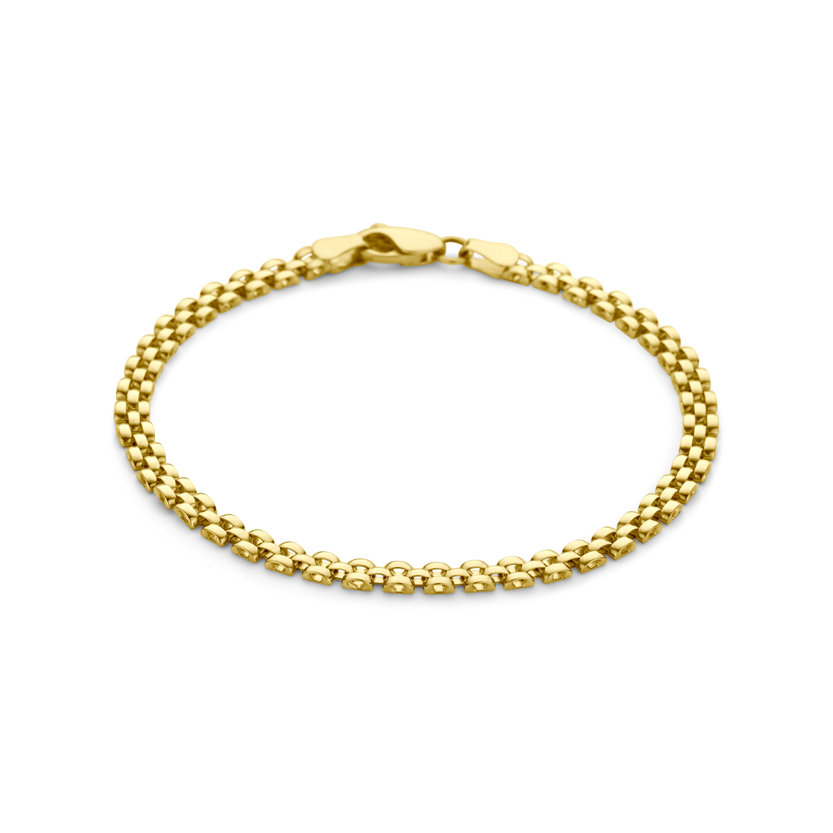 Geelkleurige armband met een schakelbreedte van 3.5mm en een draaglengte van 18,5cm. Uitgevoerd met een karabijn sluiting.