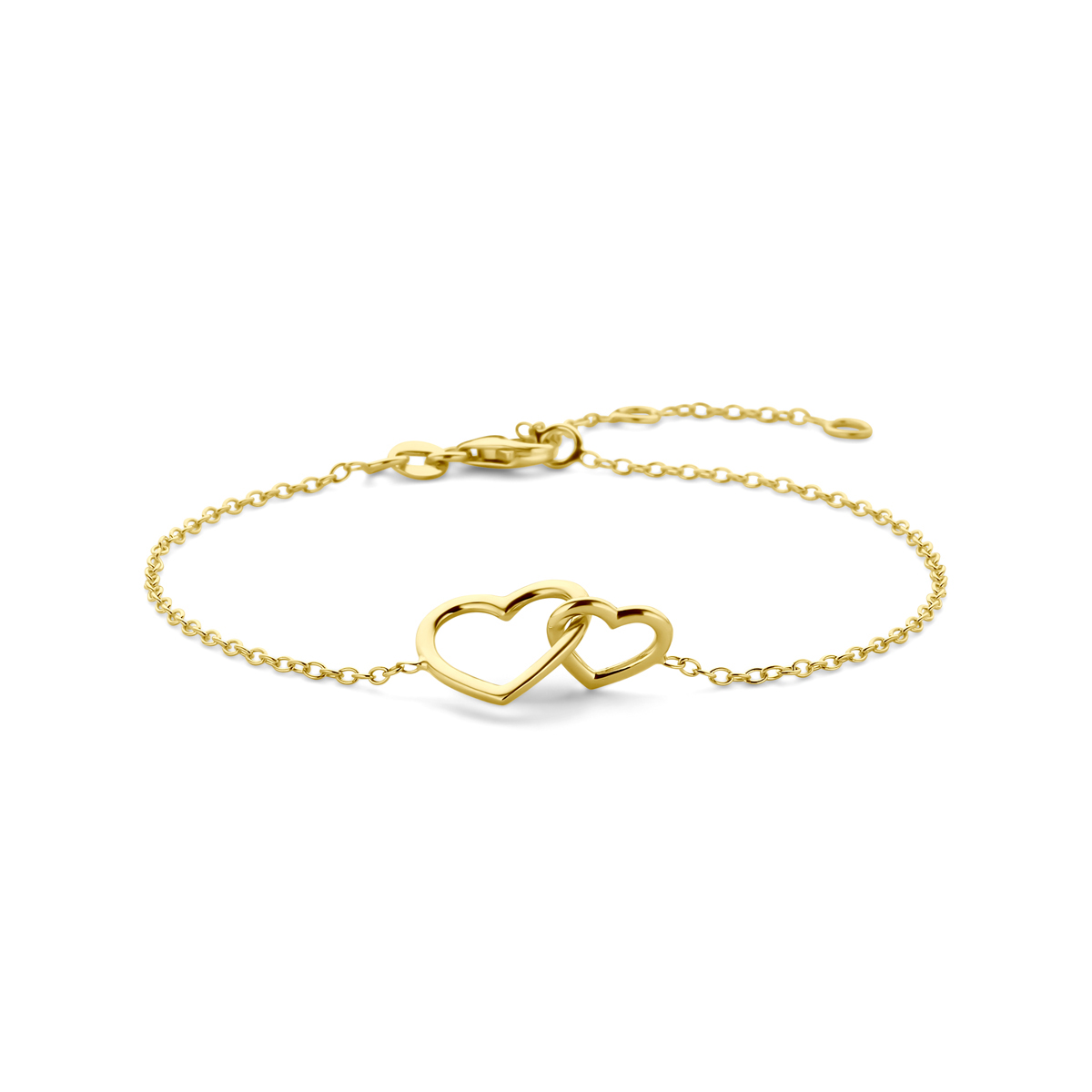 Huiscollectie - 14k Geelgouden armband uitgevoerd met twee hartjes. De armband heeft draaglengtes van 16, 17.5 en 19cm. Uitgevoerd met karabijnsluiting. De schakelbreedte is 1.3mm. - 4030417