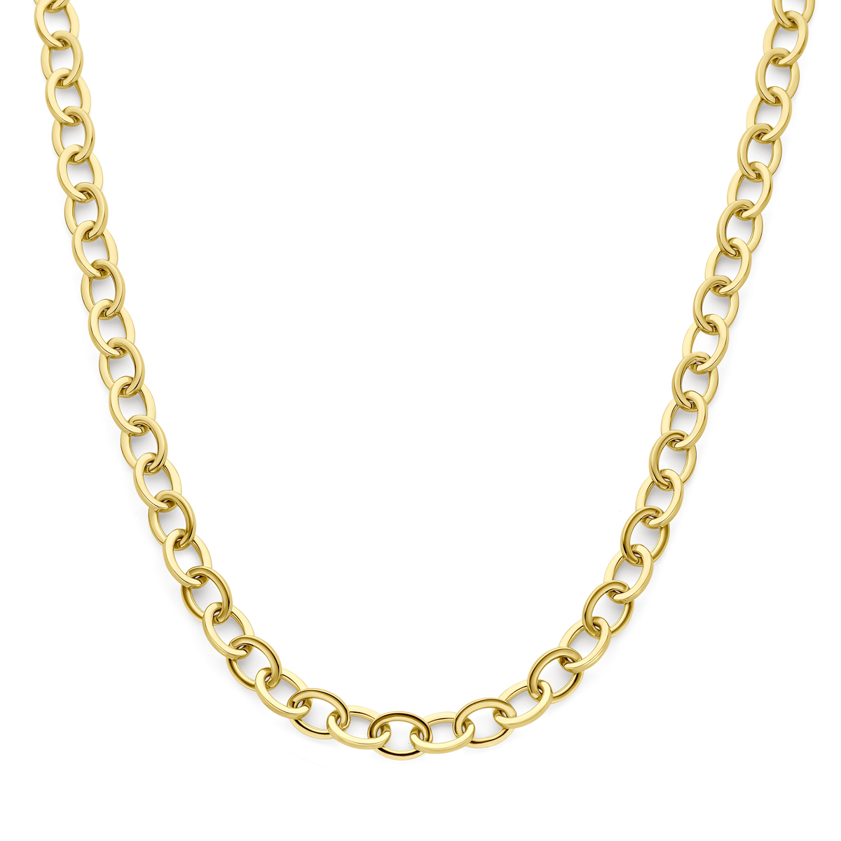 14k Geelgouden collier uitgevoerd met een karabijnsluiting. Het collier heeft een draaglengte van 45cm en de schakelbreedte is 9mm.