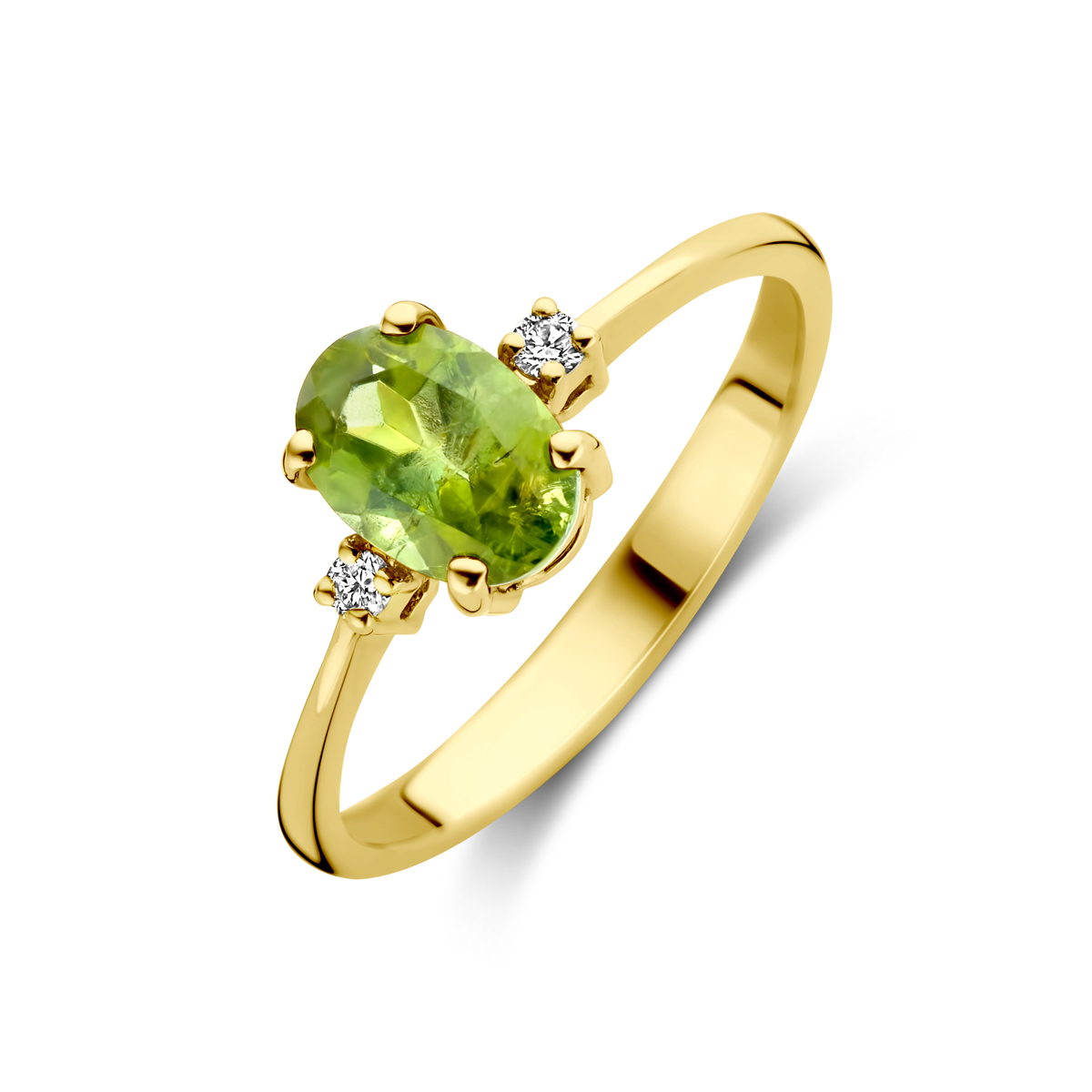  Geelgouden ring uitgevoerd met toermalijn en diamant. De ring heeft een afmeting van 7x5mm. Het diamantgewicht is 0.04ct.