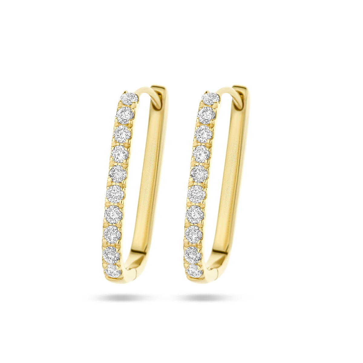14k Geelgouden klapoorringen uitgevoerd met schitterende diamanten. De klapoorringen hebben een hoogte van 15.5mm.