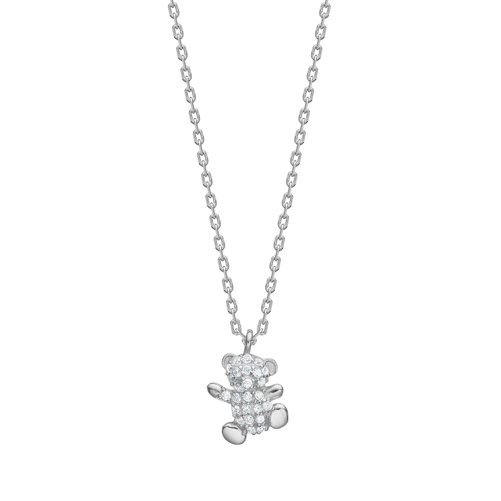 S&uuml;&szlig;e Kinderhalskette aus rhodiniertem 925er Sterling-Silber mit liebevollem Teddyb&auml;r-Anh&auml;nger und funkelndem Zirkonia. Das verspielte Design macht die Kette zu einem perfekten Geschenk f&uuml;r Kinder und l&auml;sst sich ideal mit passenden Ohrsteckern kombinieren. Die Rhodinierung sch&uuml;tzt das Silber vor dem Anlaufen und sorgt f&uuml;r langanhaltenden Glanz sowie angenehmen Tragekomfort.