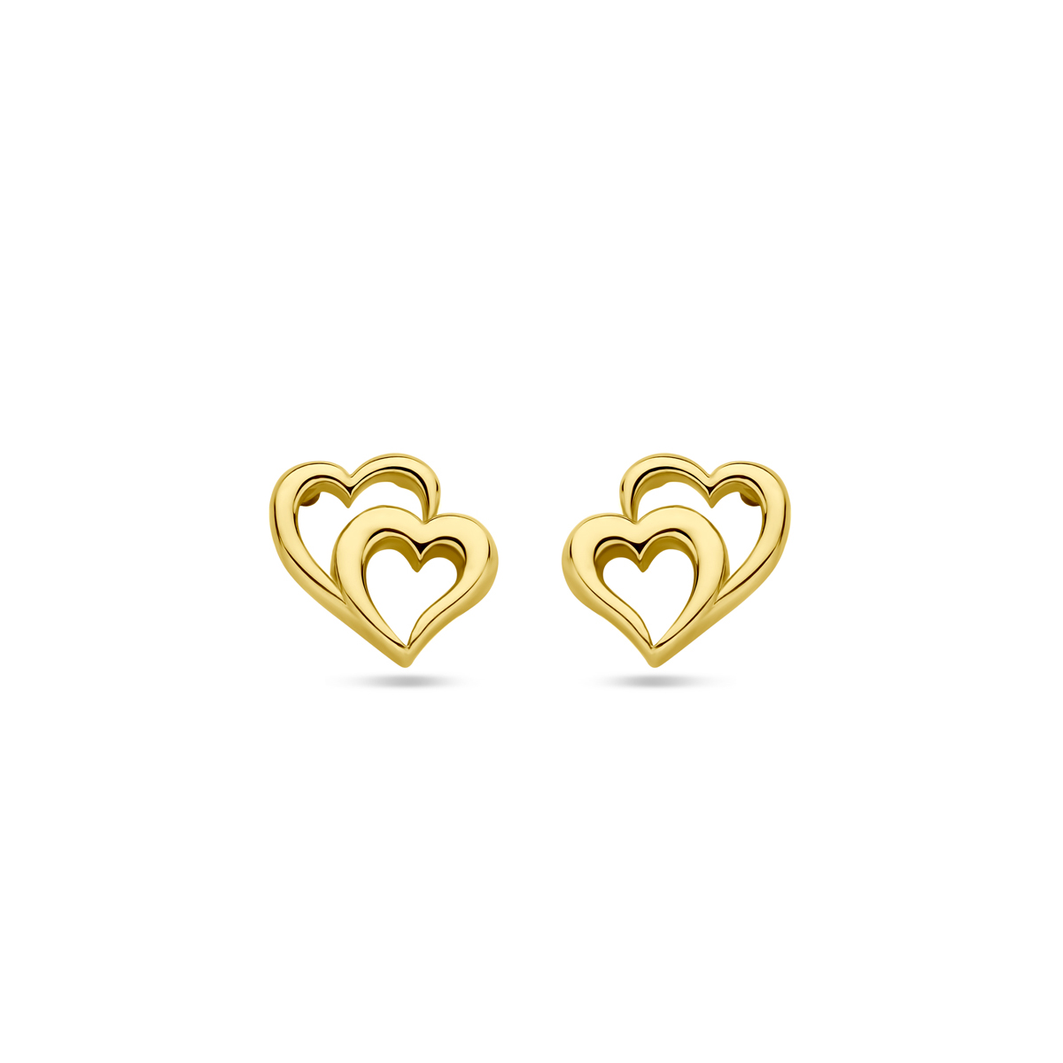 14k Geelgouden oorknoppen uitgevoerd met hartjes. De oorknoppen hebben een afmeting van 7x8mm.