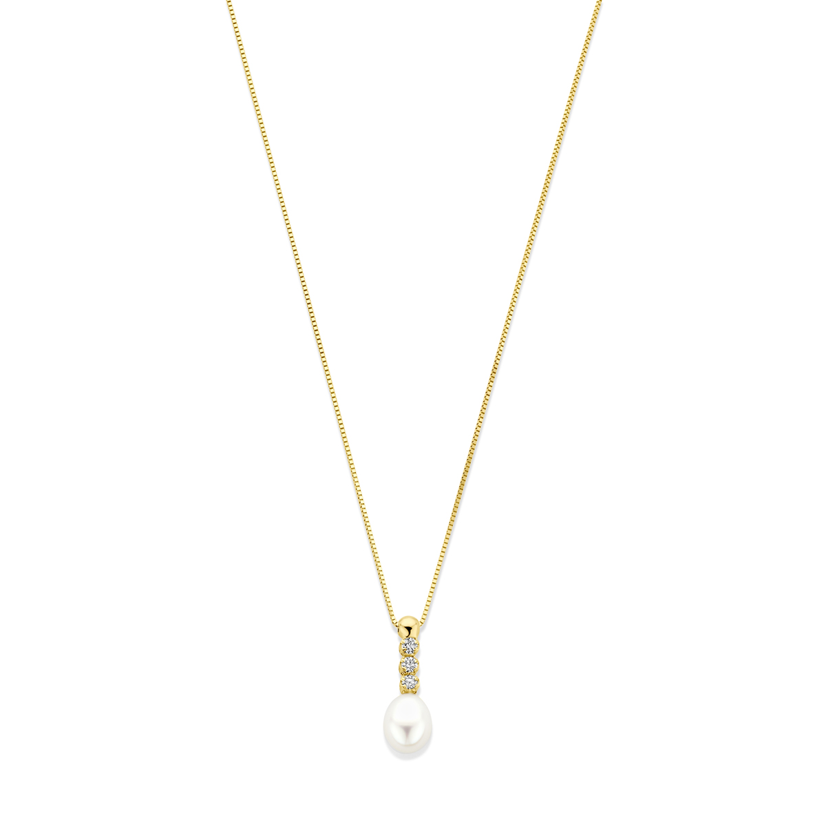 14k Geelgouden collier uitgevoerd met zirkonia en zoetwaterparel. Het collier heeft draaglengtes van 42-45cm.