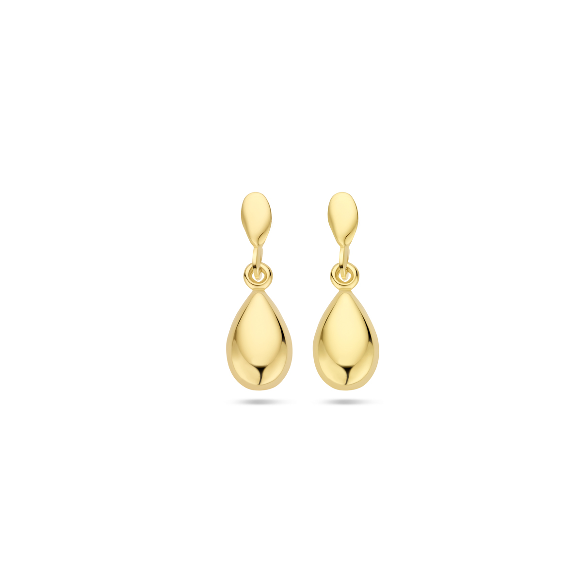 14k Geelgouden oorhangers uitgevoerd met een druppel. De oorhangers hebben een totale hoogte van 18mm.