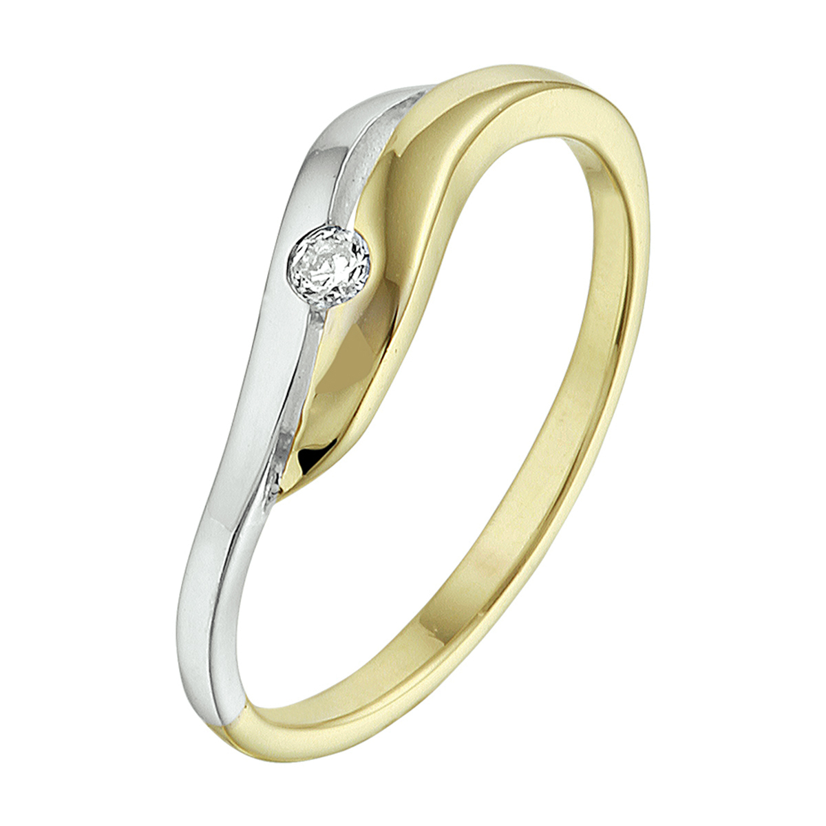 14k Bicolor wit- en geelgouden ring uitgevoerd met heldere zirkonia. De ring is goed te combineren met bijpassende zirkonia sieraden uit onze collectie.