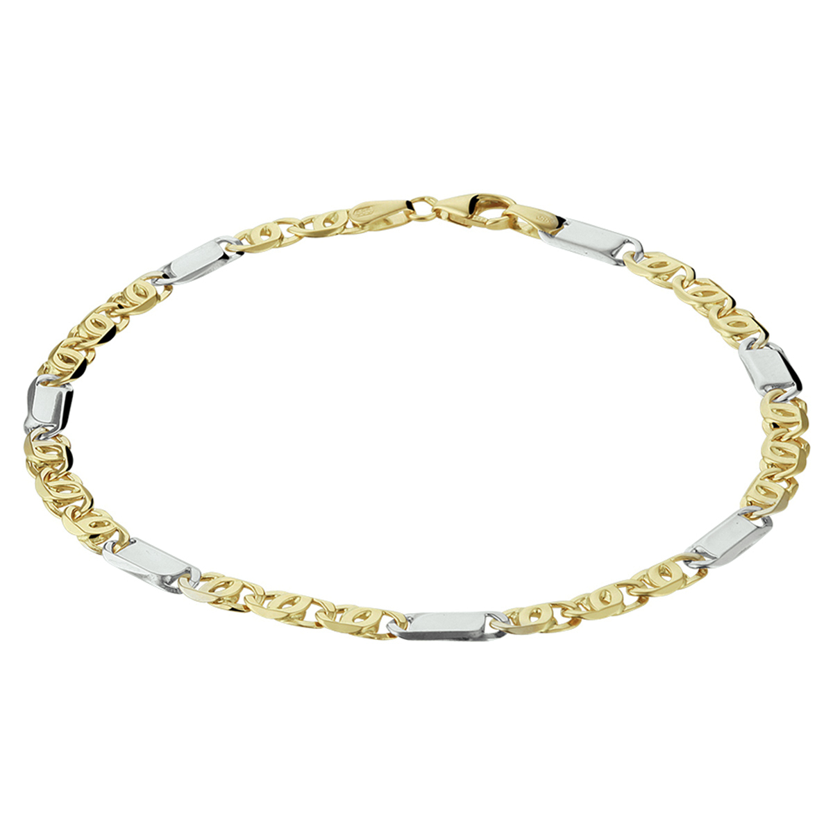 14k Bicolor geel- en witgouden valkenoog armband. De armband heeft een stevige karabijn sluiting. De schakelbreedte is 3,7mm.