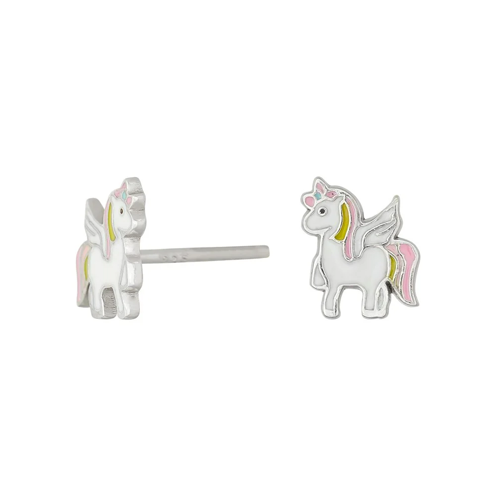 Verspielte Einhorn-Ohrstecker aus rhodiniertem 925er Sterling-Silber mit farbiger Emaille. Das niedliche Fantasie-Motiv macht die kleinen Stecker zu einem fr&ouml;hlichen Hingucker im Alltag und zu einer beliebten Geschenkidee f&uuml;r Kinder. Die Rhodinierung sch&uuml;tzt das Silber vor dem Anlaufen und sorgt f&uuml;r langanhaltenden Glanz sowie angenehmen Tragekomfort.