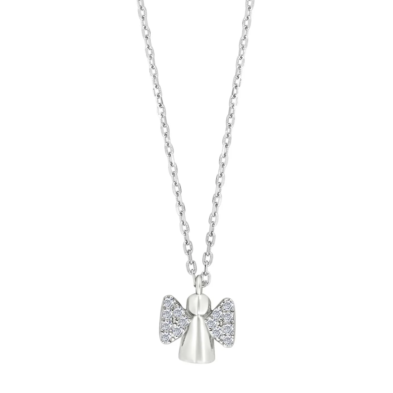 Zarte Kinderhalskette aus rhodiniertem 925er Sterling-Silber mit filigranem Engel-Anh&auml;nger und funkelndem Zirkonia. Das Schutzengel-Motiv symbolisiert Geborgenheit und macht die Kette zu einer besonderen Geschenkidee f&uuml;r Taufe, Kommunion oder Geburtstag. Die Rhodinierung sch&uuml;tzt das Silber vor dem Anlaufen und sorgt f&uuml;r langanhaltenden Glanz sowie angenehmen Tragekomfort.