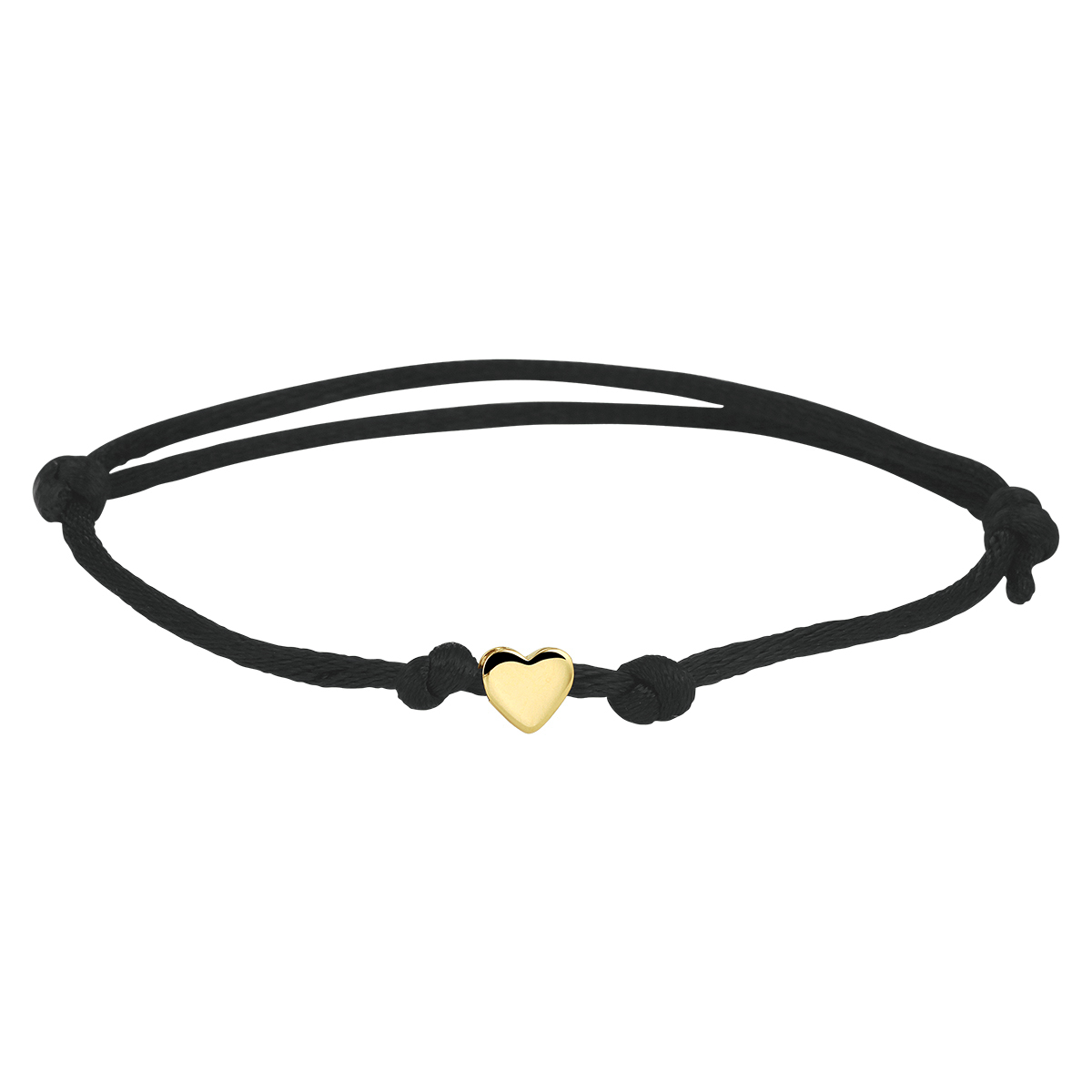 Zwart gevlochten armband uitgevoerd met een 14k geelgouden hartje. De armband heeft draaglengtes van 13 tot 26cm. Het hartje heeft een afmeting van 5x5.5mm.