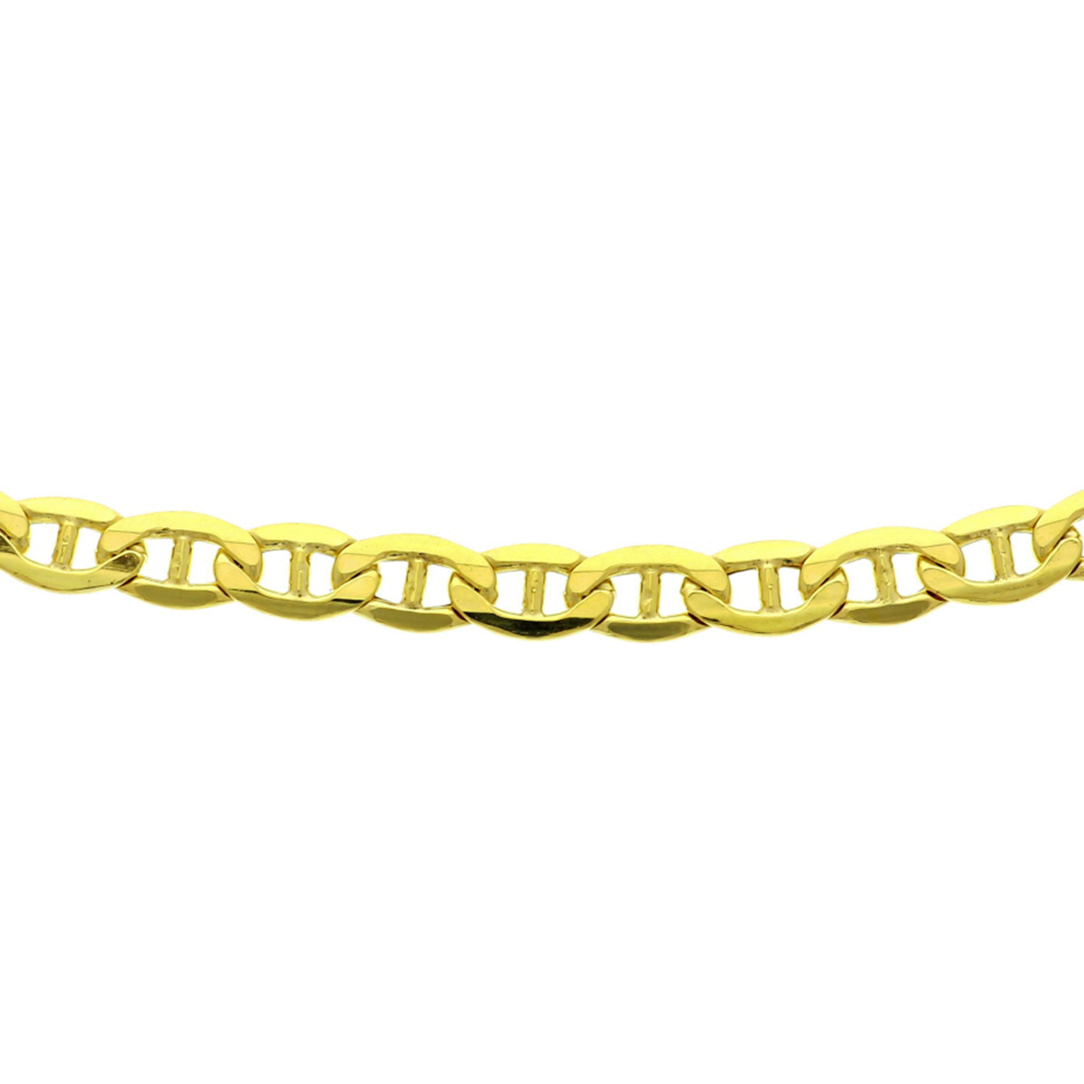 Sieraden van 14 karaat goud met daarin een kern van 925 zilver. Geelgouden lengte artikel met anker schakel. De schakelbreedte is 6.5mm.