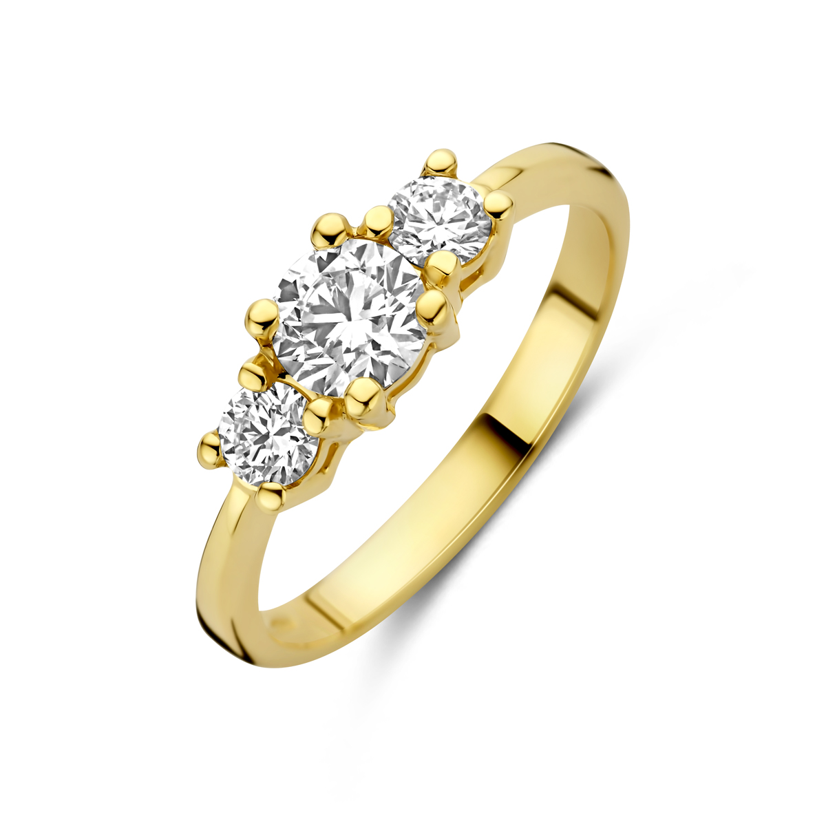 14k Geelgouden ring uitgevoerd met lab grown diamant. Het totale diamantgewicht van de ring is 0.85ct.Lab grown diamanten zijn diamanten die ontstaan in een laboratorium. Onder extreem hoge druk en temperatuur wordt het natuurlijk ontstaansproces nagebootst met als eindresultaat een diamant met dezelfde chemische eigenschappen maar met een andere oorsprong.