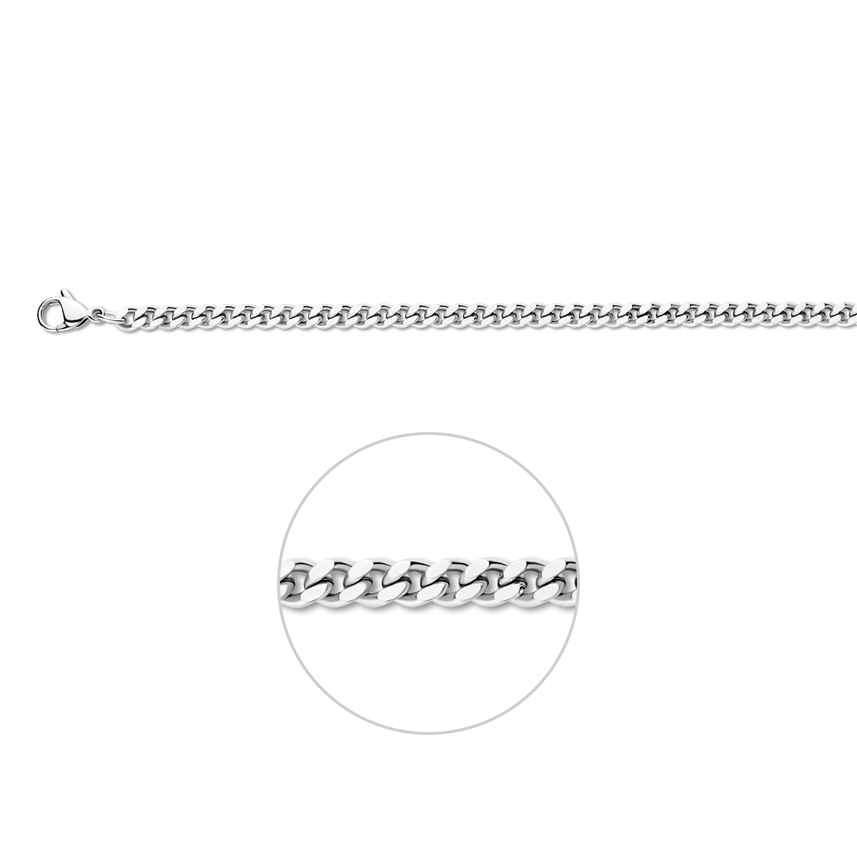 Stalen lengteartikel&nbsp;met geslepen gourmette schakel. De schakelbreedte is 4.3mm.