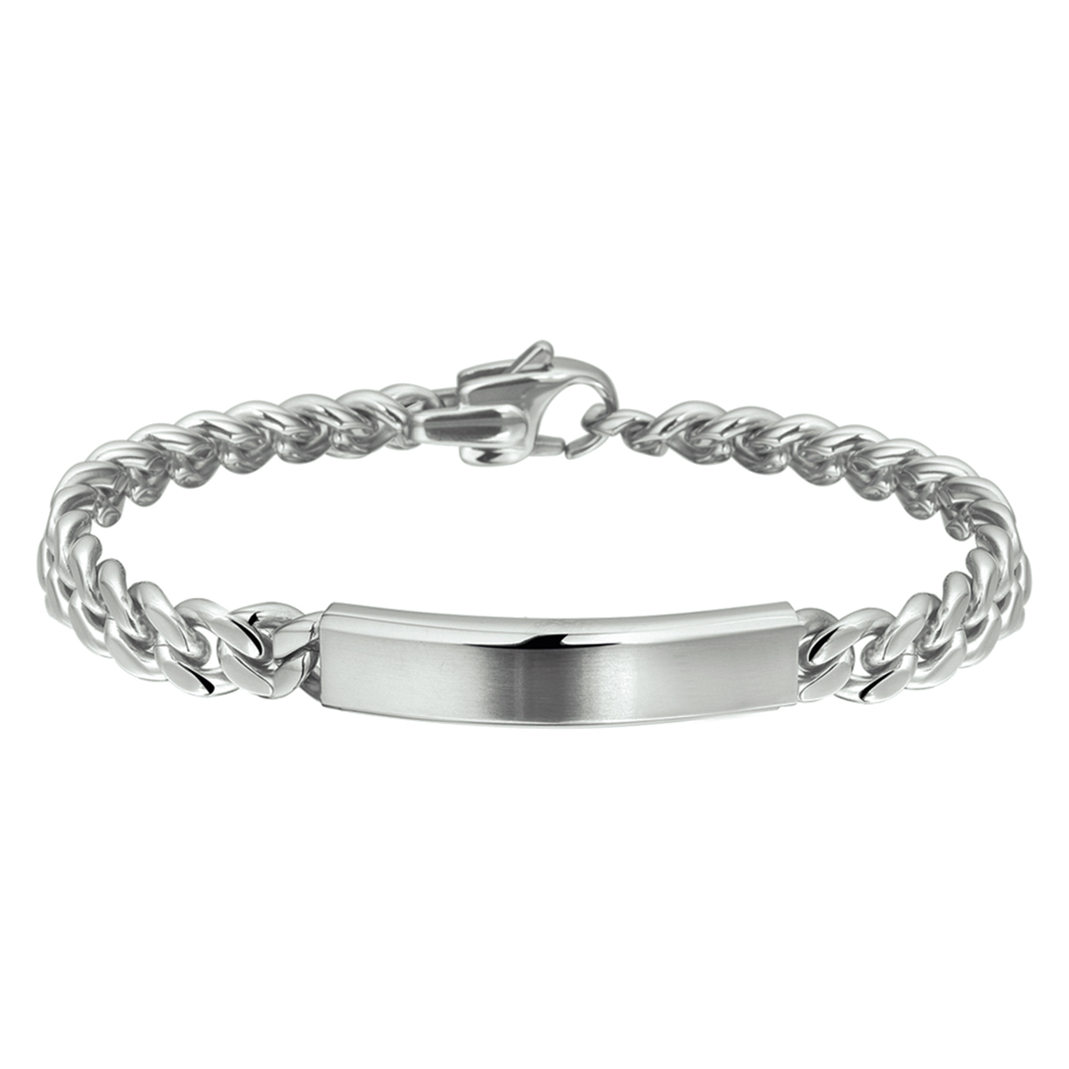 Stalen graveerarmband uitgevoerd met een karabijn sluiting. De graveerplaat heeft een dikte van 3.2mm. De schakelbreedte is 9.0mm.