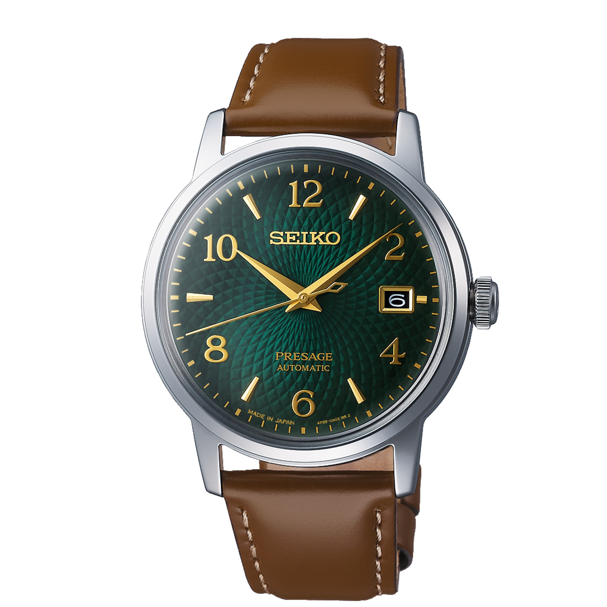 Die Herrenuhr Seiko besticht durch ihr automatisches Uhrwerk, ein silbernes Edelstahlgeh&auml;use und ein gr&uuml;nes Zifferblatt. Sie besitzt ein kratzfestes Saphirglas und ein braunes Echtlederarmband. Wasserdicht bis 5 ATM, ist sie antiallergisch und hat eine Datumsanzeige. Tragen Sie diese elegante Uhr am besten zu formellen Anl&auml;ssen oder im B&uuml;ro.