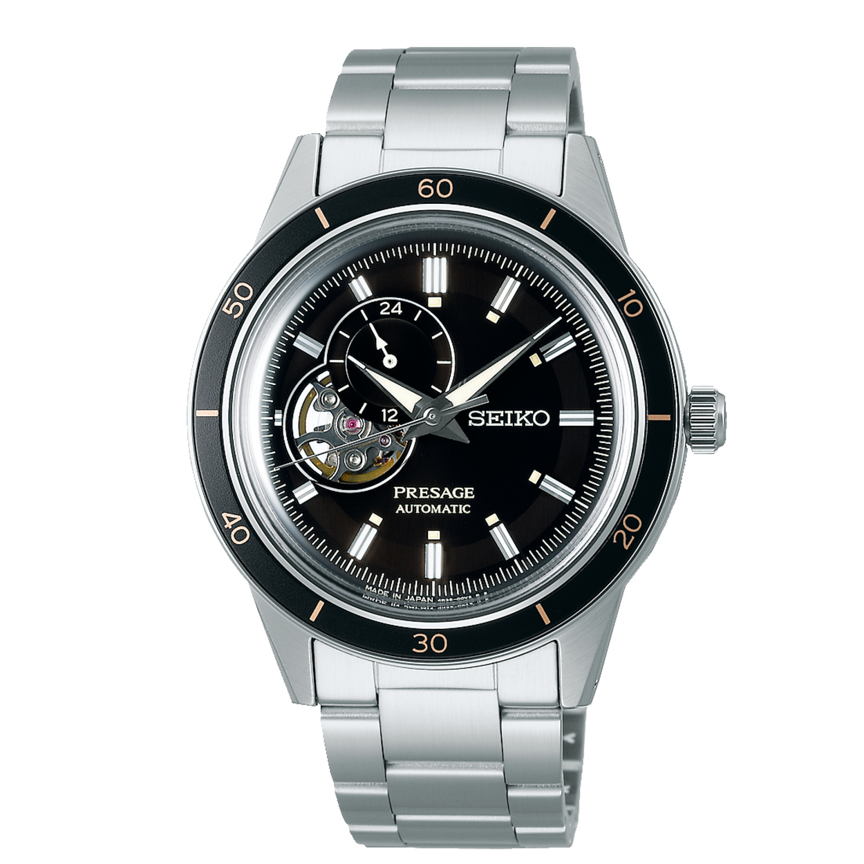 De Seiko PRESAGE HEREN AUTOMATISCHE SSA425J1 horloge is voorzien van een automatisch uurwerk, ronde roestvrijstalen kast van 40,8 mm, mineraal glas en een analoge wijzerplaat met strepen. De horloge is zilverkleurig met een zwarte wijzerplaat, nikkelvrij, antiallergeen en waterbestendig tot 5 bar. Draag het stijlvol bij formele en zakelijke outfits.