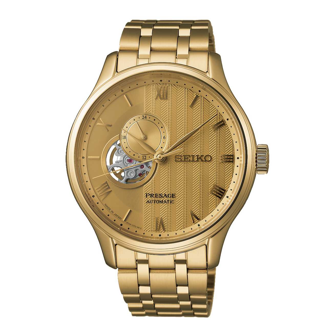 Dit is een herenhorloge van het merk Seiko. Het is een analoog horloge gemaakt van staal. De diameter van de kast is 41.8 mm en de kast is 12.51 mm dik.
De verdere specificaties van het horloge zijn als volgt:
Kastvorm: rond
Kastkleur: goudkleurig
Kastmateriaal: staal
Bandbreedte: 17.2 mm
Bandlengte: 261.8 mm
Sluiting: vouwsluiting met drukker
Wijzerplaatkleur: champagne
Glassoort: saffier glas
Techniek: automaat