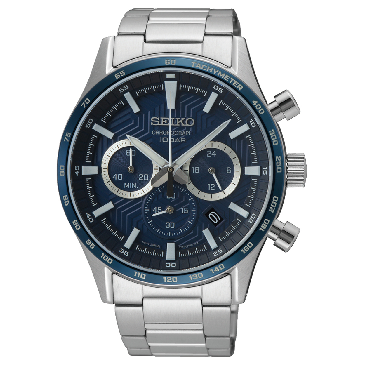 Dit is een herenhorloge van het merk Seiko. Het is een chronograaf horloge gemaakt van hardcoated staal. De diameter van de kast is 43 mm en de kast is 11.6 mm dik.
De verdere specificaties van het horloge zijn als volgt:
Kastvorm: rond
Kastkleur: zilverkleurig
Kastmateriaal: hardcoated staal
Bandbreedte: 22 mm
Bandlengte: 273 mm
Sluiting: vouwsluiting met drukker
Wijzerplaatkleur: blauw
Glassoort: saffier glas
Waterdichtheid: 10 ATM
Techniek: quartz