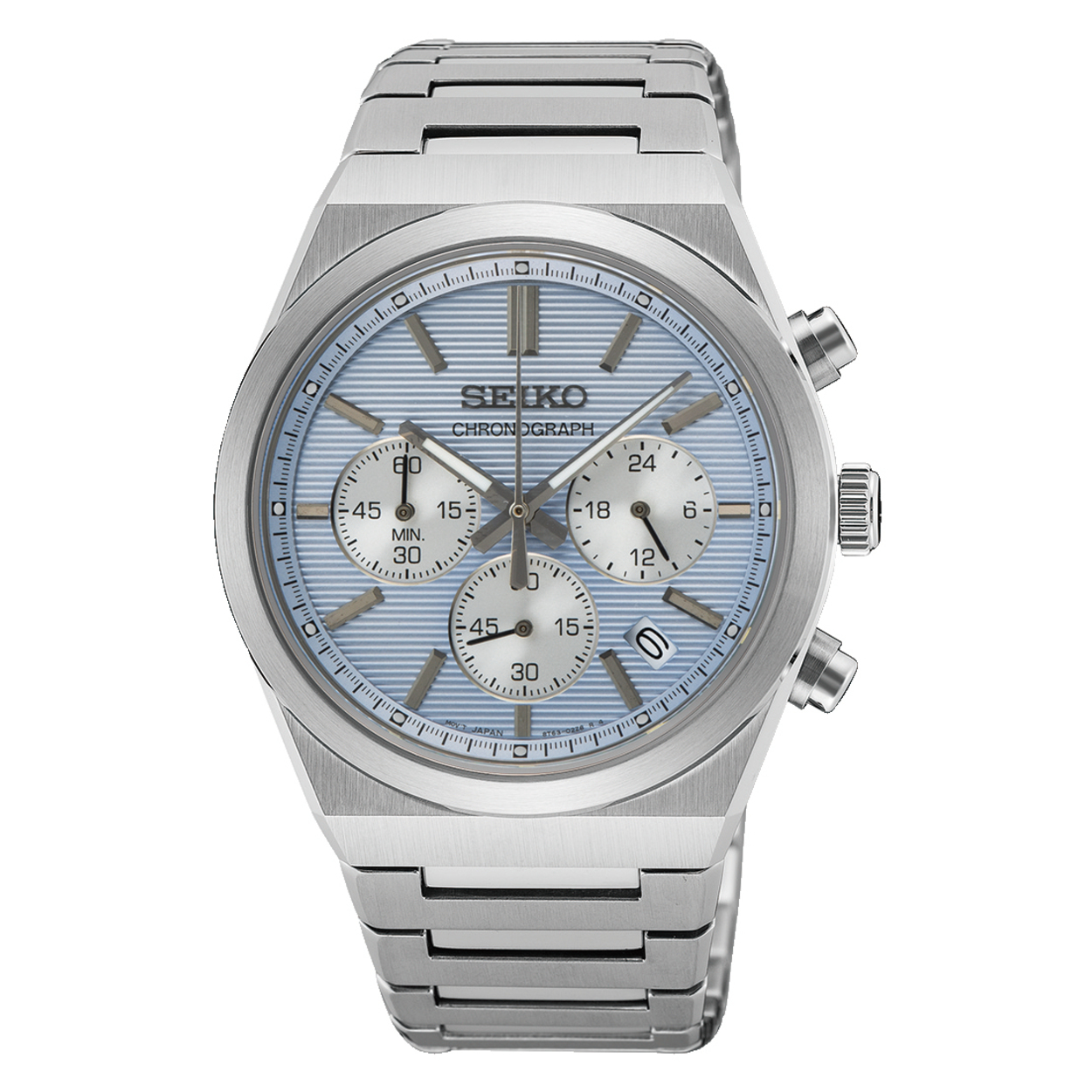 Heren staal chrono saffier 10Atm l.blauw wp