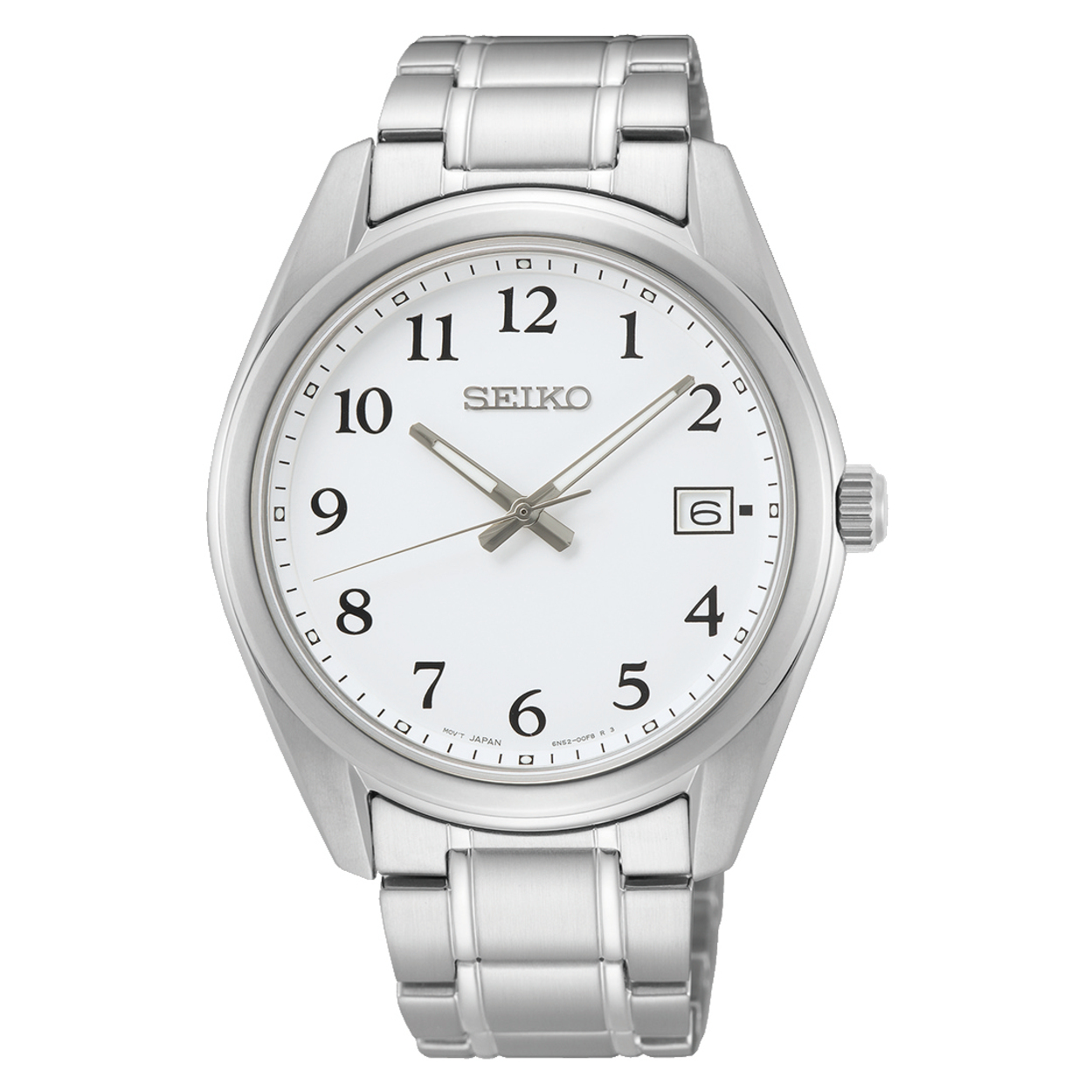 Seiko horloge met een stalen band en kast. De wijzerplaat is wit met zwarte Arabische cijfers als indexen. Het horloge is voorzien van een saffier glas en is 10atm waterdicht