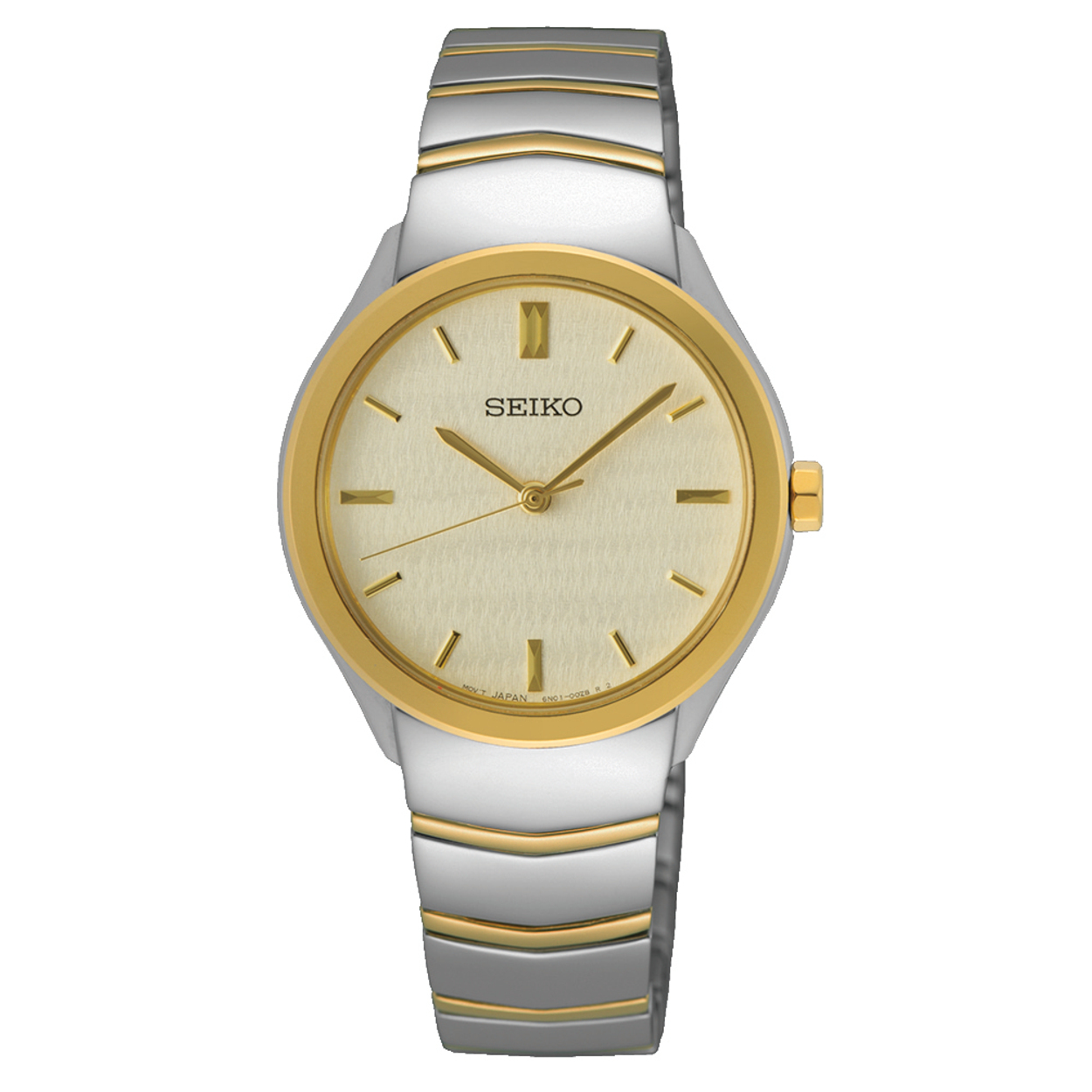 Die Damenuhr Seiko  ist eine elegante Armbanduhr aus Edelstahl in Gold-Silber, mit analogem Quarzwerk und rundem Geh&auml;use. Sie ist antiallergisch, verf&uuml;gt &uuml;ber einen Mineralglas und hat Wasserfestigkeit bis 5 ATM. Ideal f&uuml;r elegante Anl&auml;sse, passt perfekt zu formeller und schicker Kleidung. Tragen Sie sie, um ein stilvolles Statement zu setzen.