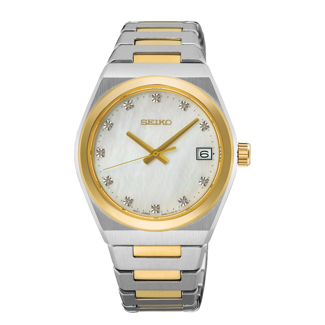 Die Damenuhr Seiko bietet eine Datumsfunktion und ein stilvolles, gold-silberfarbenes Armband. Sie ist eine neue Armbanduhr und nicht antiallergisch. Tragen Sie diese elegante Uhr, um jedem Outfit einen Hauch von Raffinesse zu verleihen, besonders gut geeignet f&uuml;r formelle Anl&auml;sse oder im Gesch&auml;ftsalltag. Ein stilvoller Begleiter f&uuml;r jede Gelegenheit.