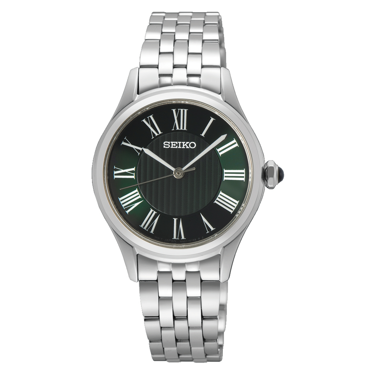 Seiko horloge met een stalen band en kast. Het horloge heeft een sunray groene wijzerplaat met witte indexen en wijzers en is voorzien van een saffierglas