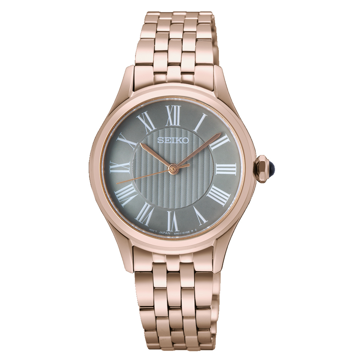 Die Damenuhr Seiko zeichnet sich durch ein Edelstahlgeh&auml;use, ein rundes Zifferblatt mit gr&uuml;ner Farbe und r&ouml;mischen Indizes aus. Sie besitzt ein ros&eacute;goldfarbenes Armband, ein Saphirglasgeh&auml;use und Quarzwerk. Diese stilvolle Uhr ohne Datums- oder Lichtfunktion ist ideal f&uuml;r elegante Anl&auml;sse. Wasserdicht bis 5 ATM, perfekt f&uuml;rs t&auml;gliche Tragen.