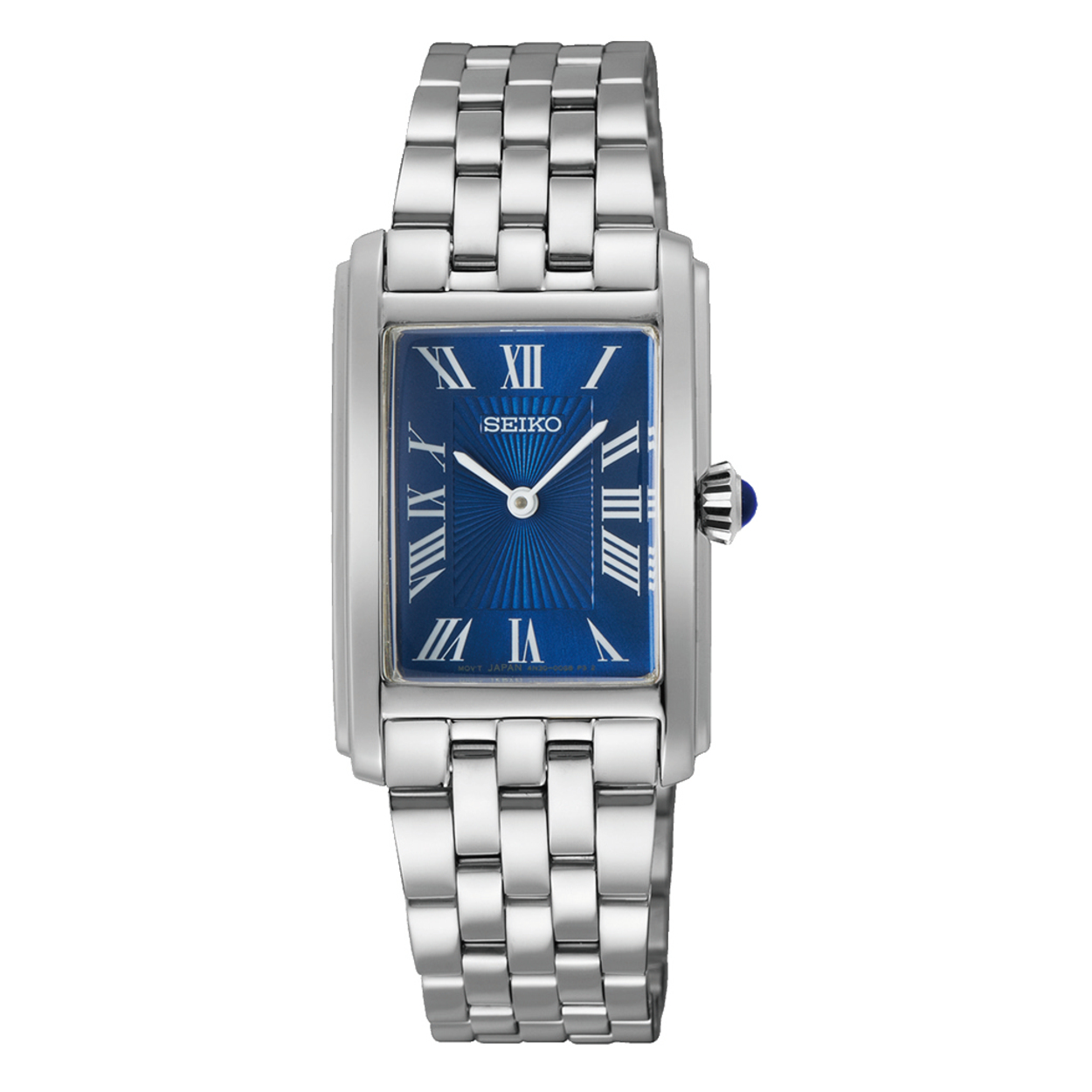 Dit is een dameshorloge van het merk Seiko. Het is een analoog horloge gemaakt van staal. De diameter van de kast is 22.2 mm en de kast is 6.9 mm dik.
De verdere specificaties van het horloge zijn als volgt:
Kastvorm: tonneau
Kastkleur: zilverkleurig
Kastmateriaal: staal
Bandbreedte: 16 mm
Bandlengte: 212.2 mm
Sluiting: vouwsluiting met drukker
Wijzerplaatkleur: blauw
Glassoort: hardlex mineraal glas
Waterdichtheid: 5 ATM
Techniek: quartz