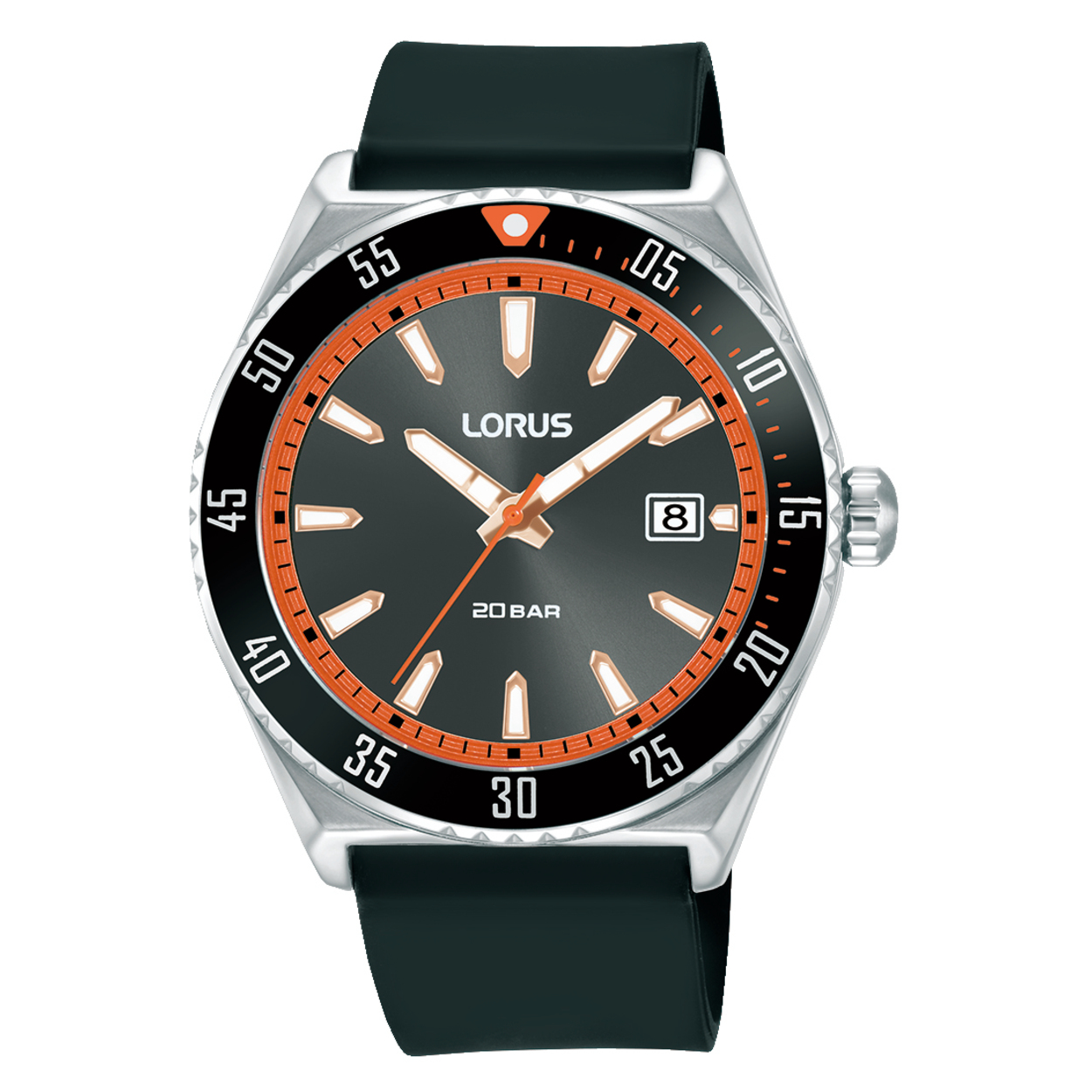 Lorus stalen horloge uit de sportlijn met siliconen band, zwart/oranje wijzerplaat en dagaanduiding
