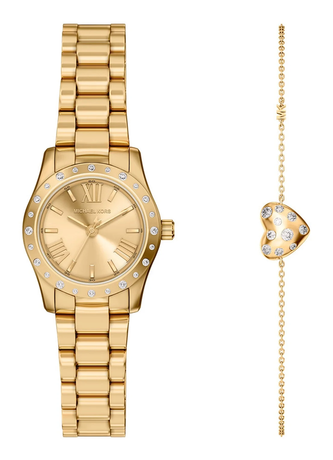 De Michael Kors Horloge met armband MK4992SET is een elegant polshorloge van de categorie horloge, met een grootte van 26 mm. Het heeft een goudkleurige roestvrijstalen kast en geen datumaanduiding. Draag dit stijlvolle horloge als een tijdloos accessoire bij zowel formele als casual outfits voor een verfijnde look.