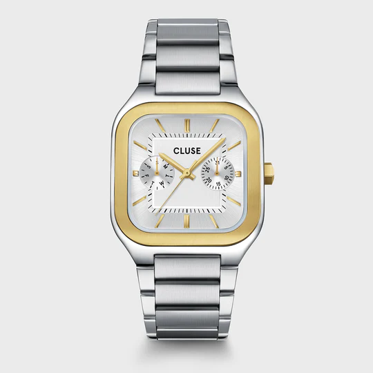 Het vierkante Quadrus Multifunction horloge voor heren heeft een zilverkleurige kast van 41 x 35 mm met een goudkleurige lunette, een zilverkleurige wijzerplaat met goudkleurige details en een zilverkleurig roestvrijstalen bandje van 20 mm.