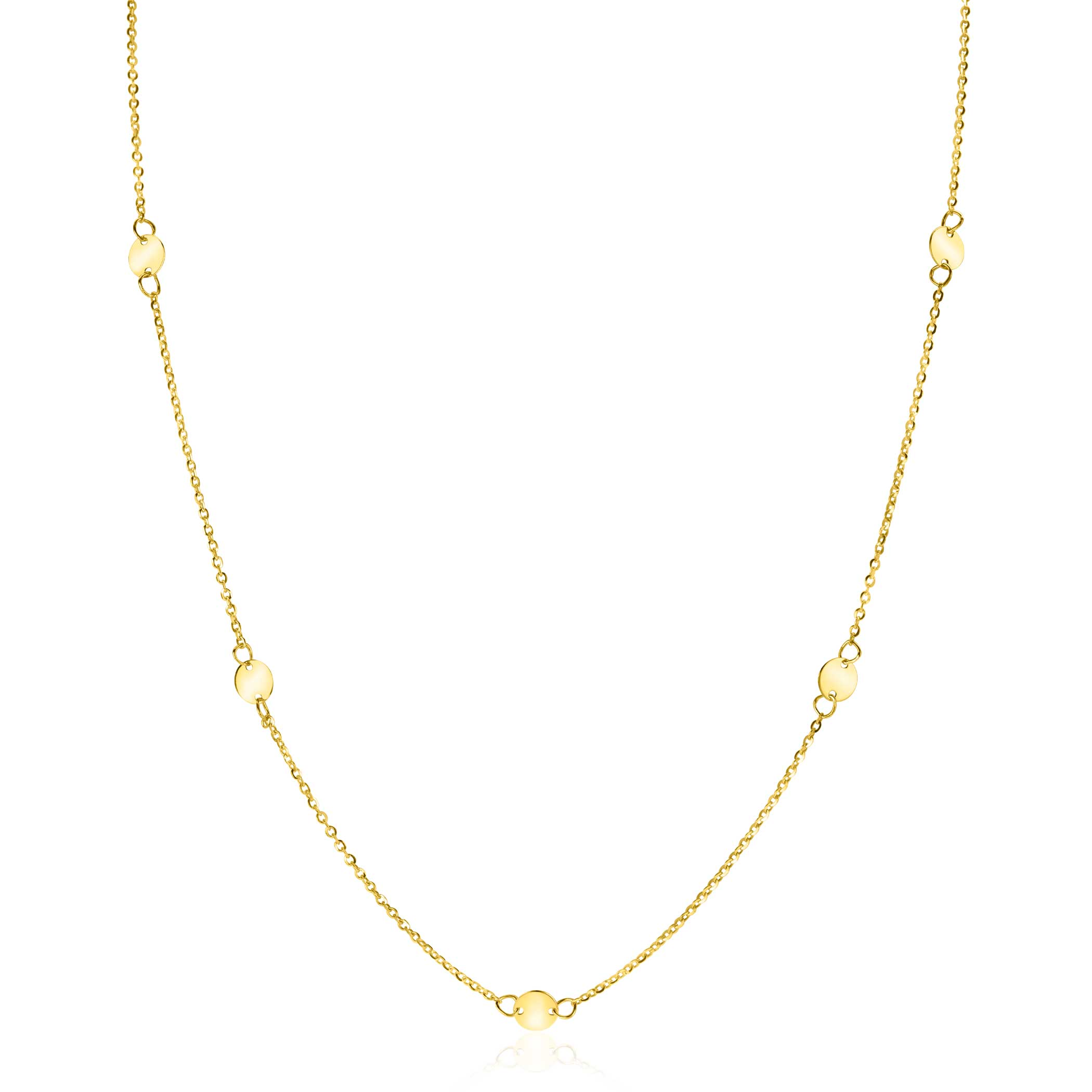 ZINZI Gold 14 krt gouden ketting met subtiele jasseron schakels en zeven ronde gladde plaatjes 5mm breed 42-45cm ZGC444