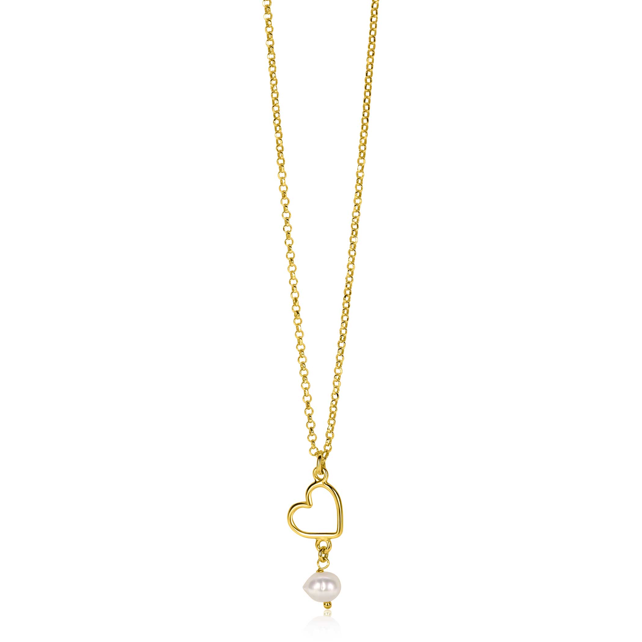 ZINZI gold plated zilveren ketting met open hartje en bungelend witte zoetwaterparel in organische vorm. De lengte van de ketting is te vari&euml;ren tussen 40-45cm. Vervaardigd van eerste gehalte zilver (925) en extra geel verguld.