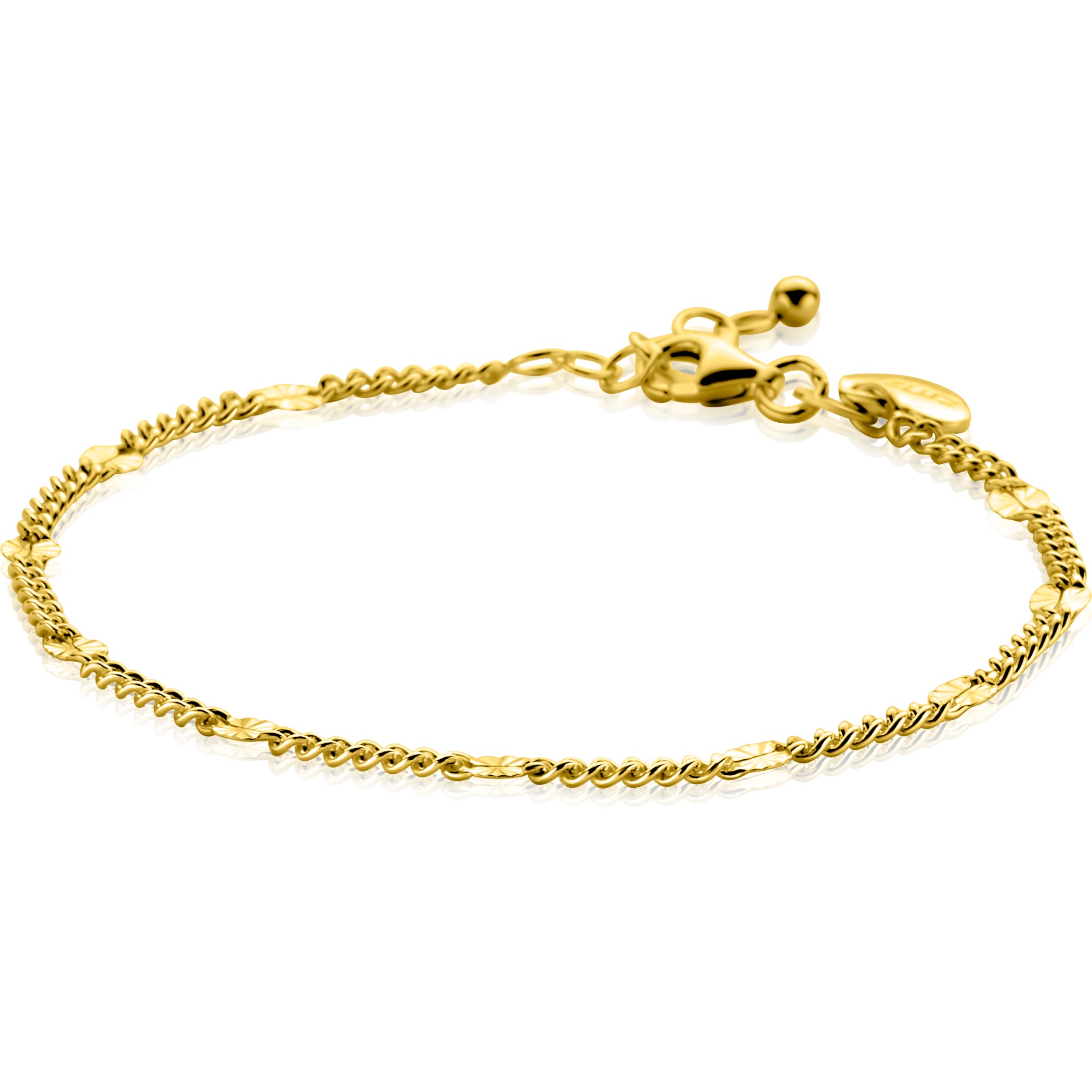 ZINZI gold plated zilveren gourmet schakelarmband met tien zonnestralen-plaatjes. Voorzien van een verlengkettinkje voor optimaal comfort. De armband is vervaardigd van eerste gehalte zilver (925) en extra geel verguld.